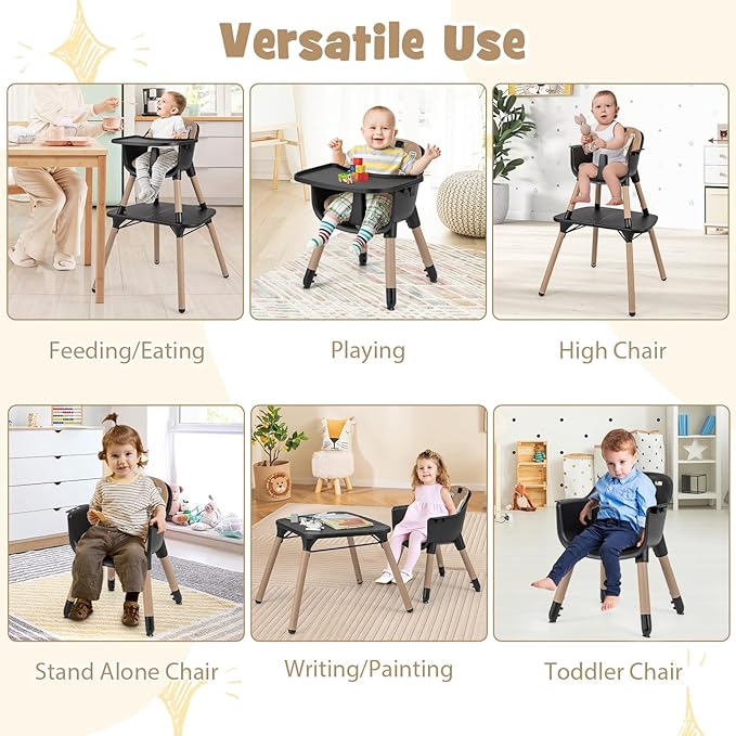 HONEY JOY 5-in-1 High Chair, Convertible Highchair for Babies and Toddlers/Kids Chair Table Set/Infant Feeding Chair w/Safety Harness, PU Leather Cushion & Removable Food Tray (Coffee)