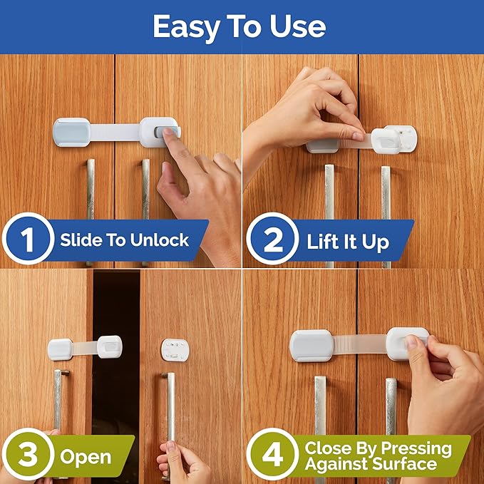 Child Safety Strap Locks (8 Pack) Baby Locks for Cabinets and Drawers, Toilet, Fridge & More. 3M Adhesive Pads. Easy Installation, No Drilling Required, White/Gray