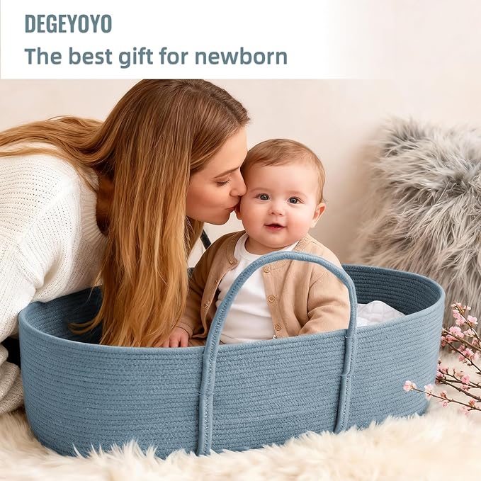 Changing Baskets Set,Moses Basket with Pad and Diaper Caddy,Set of 2 Baskets,Portable Cotton Rope Woven Basket,Replaceable Pad,Gifts for Newborn 28.7" x 15.7" x 7.8"（Blue）