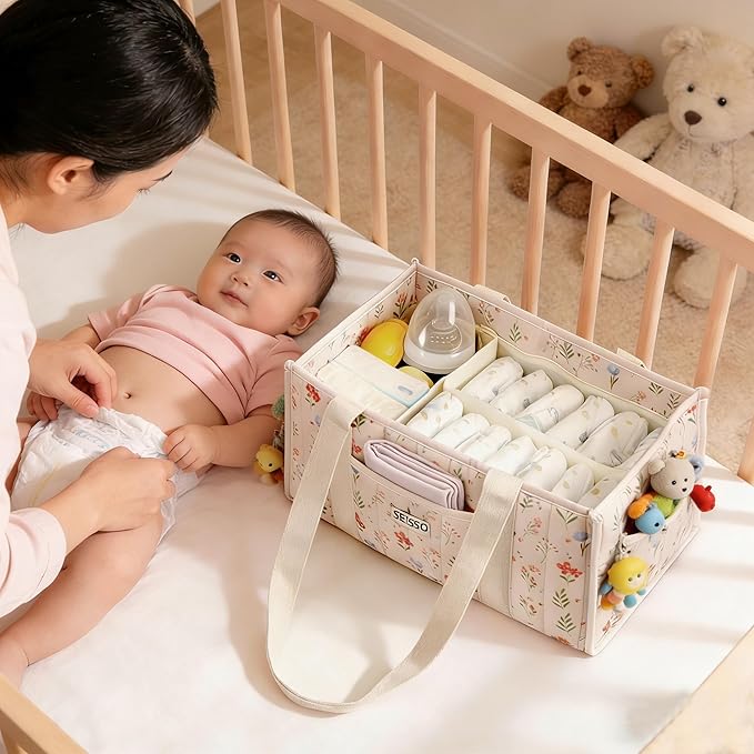 SEISSO Diaper Caddy Organizer with Handle, Portable Baby Gift Basket, Floral Diaper Organizer Nursery Storage Bag, Newborn Girl Boy Essentials, Gift for Baby Shower