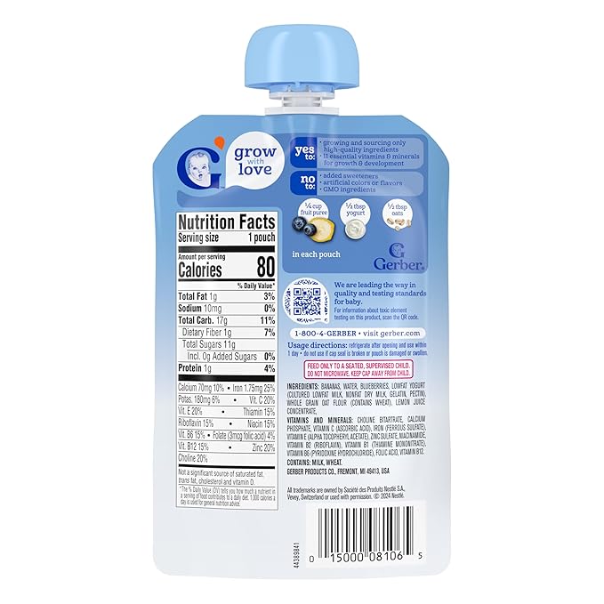 Gerber Toddler Food, Baby Food Pouches for Toddlers, Banana Blueberry, Fruit Puree, Yogurt & Whole Grains, Iron & Choline Helps Support Brain Development, No Artificial Flavors 3.5oz each (Pack of 12)
