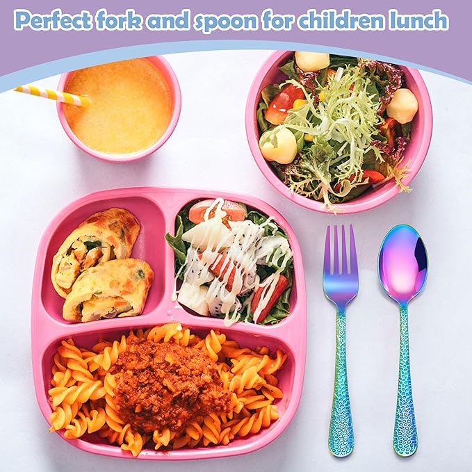 E-far Toddler Forks and Spoons Set, 10-Piece Stainless Steel Toddler Utensils Kids Safe Silverware for Self Feeding, Healthy & Non-Toxic, Rainbow