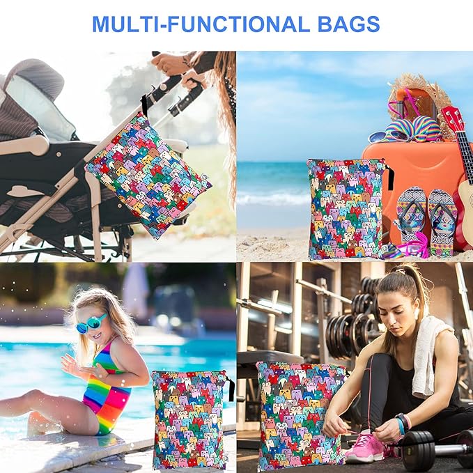 FLOCK THREE Washable and Reusable Wet Dry Bag Diaper Bag Water Resistant Swimming Bag Travel Toiletries Pouch Yoga Gym Bag Cute Cat 12.6'' x 16.5''