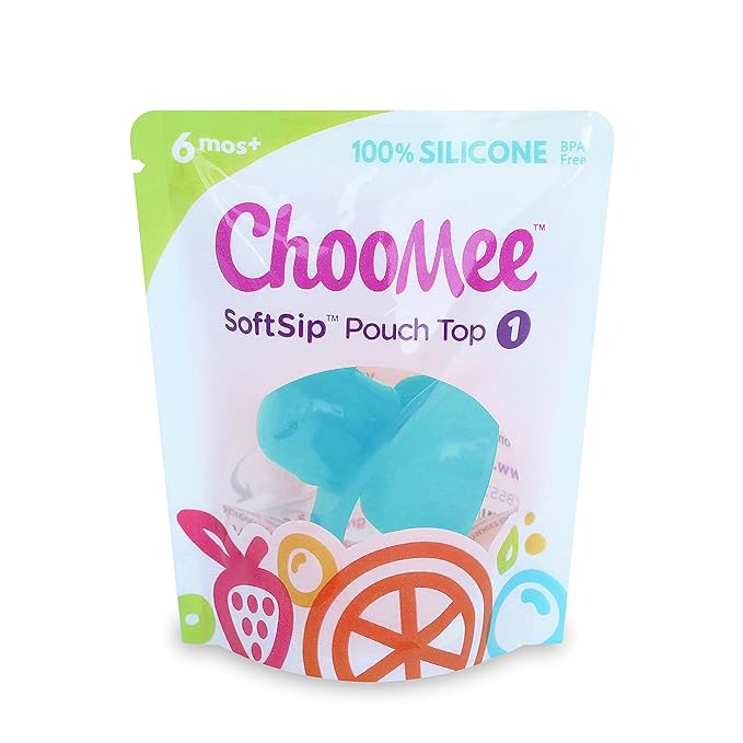 ChooMee Replacement Caps for Reusable Food Pouches | Includes SoftSip Silicone Flow Control Pouch Top | 6 White Caps + 1 Aqua SoftSip