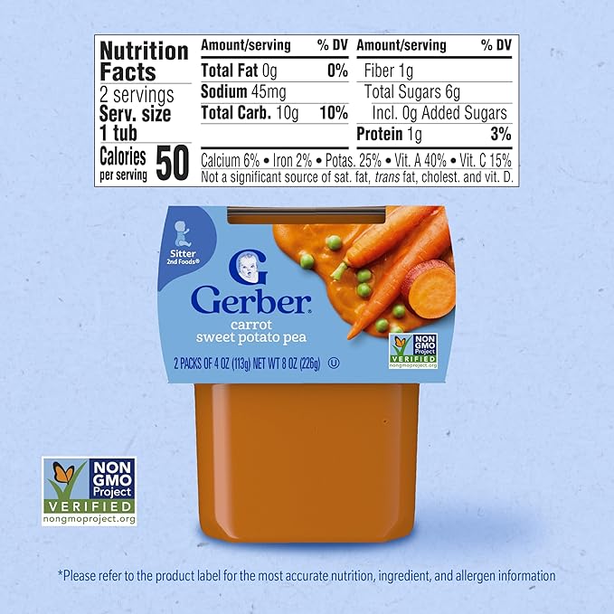 Gerber Stage 2 Baby Food, Carrot Sweet Potato Pea Puree Tubs, No Added Salt, No Artificial Colors or Flavors, Baby Puree, 16-Pack