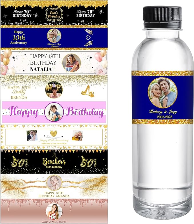 Personalized Water Bottle Labels for Birthday Anniversary Custom Happy Birthday Labels with Name for Water Bottle Stickers Waterproof Printable Photo Bottle Labels Gifts 50 Pcs