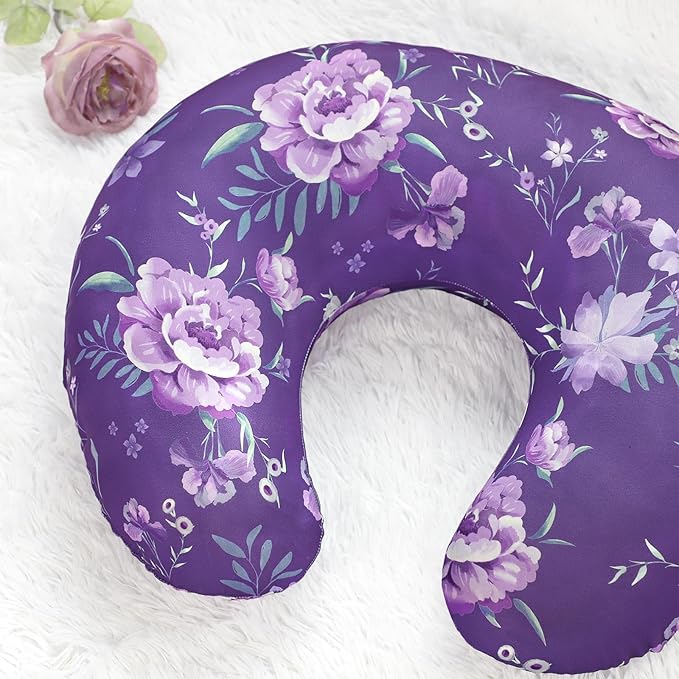 Nursing Pillow Cover, Breastfeeding Pillow Cover for Baby Girls Boys, Soft Stretchy Nursing Pillowcase for Infant Newborn, Removable Slipcover for Nursing Pillows, Purple Floral(Only Cover)