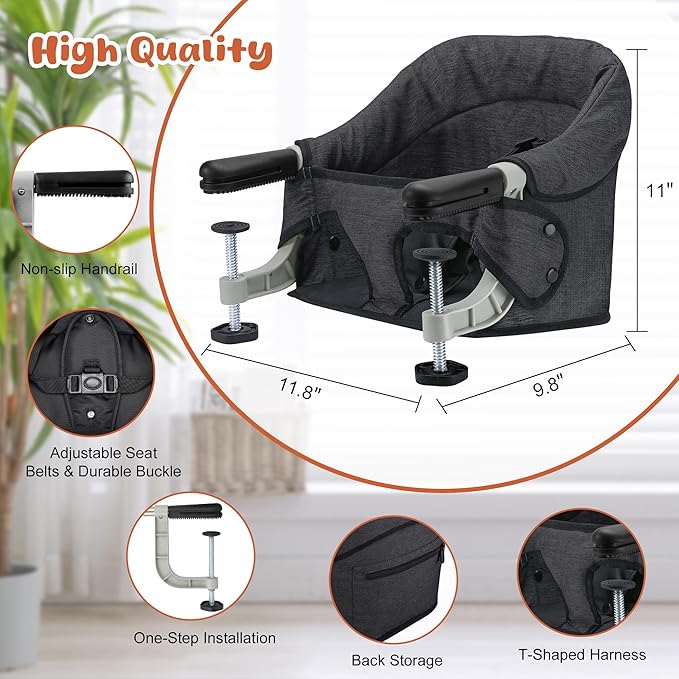 Hook On High Chair with Detachable Tray, Portable Foldable Clip On Baby Travel High Chair, Lightweight Feeding Seat with Storage Bag, BPA-Free Safety Harness for Home Restaurant (Black)