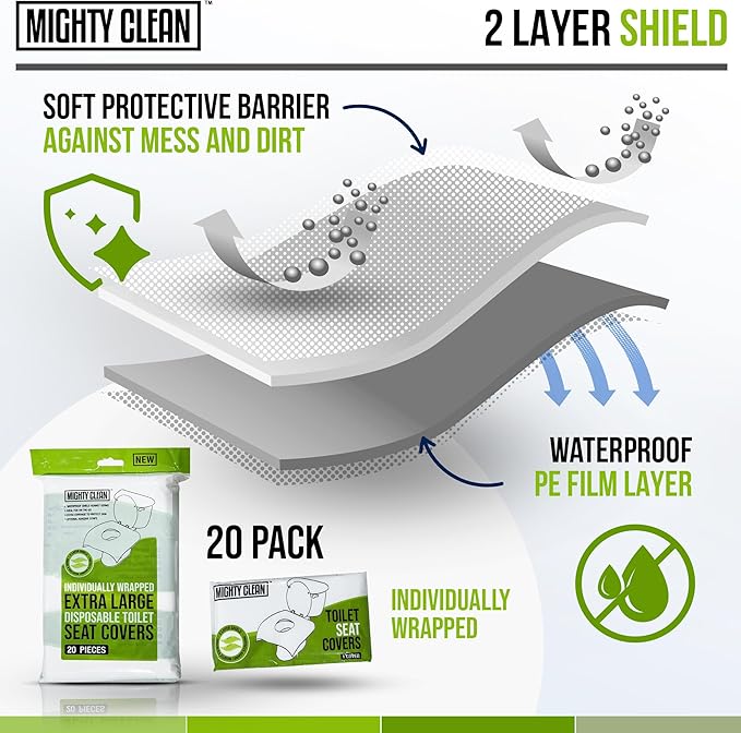 XL Disposable Toilet Seat Covers by Mighty Clean｜100% Waterproof ｜Individually Wrapped, Extra Wide Covers for Adults and Kids｜40 Count