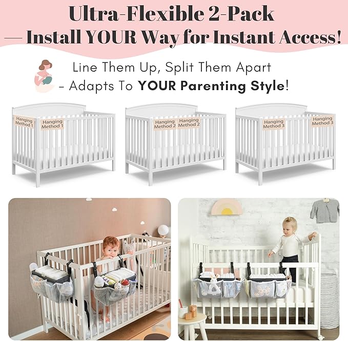 Diaper Caddy Organizer for Crib, 2-Pack Hanging Diaper Stacker Nursery Storage Bags - Large Capacity for Baby Essentials - Hold 50+ Diapers，Made of Washable Durable Oxford Fabric（Snap Buckle）