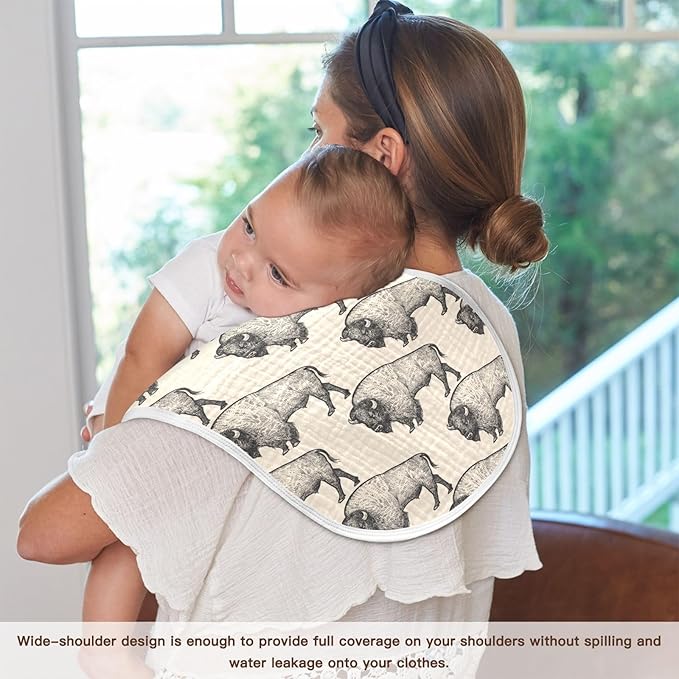 Muslin Burp Cloths for Baby Boys and Girls - 4-Pack Ultra Absorbent North America Bison Muslin Washcloths, Newborn Towel, Milk Spit Up Rags, Burp Cloth Bib for Unisex, 22 x 11 Inch