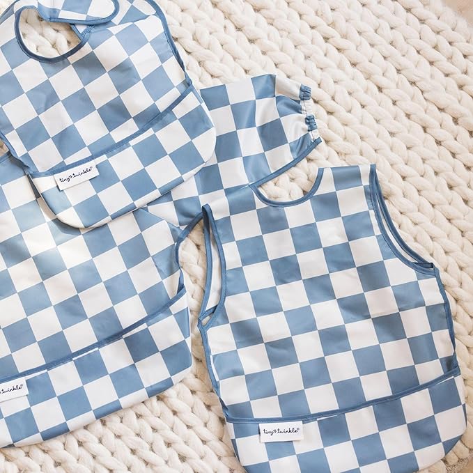 Tiny Twinkle Mess Proof Baby Bib for Boys | Waterproof Toddler Bib for Eating | Baby Apron for Feeding, Machine Washable | Perfect Shower Gift (Blue Checkers, 6–24M)