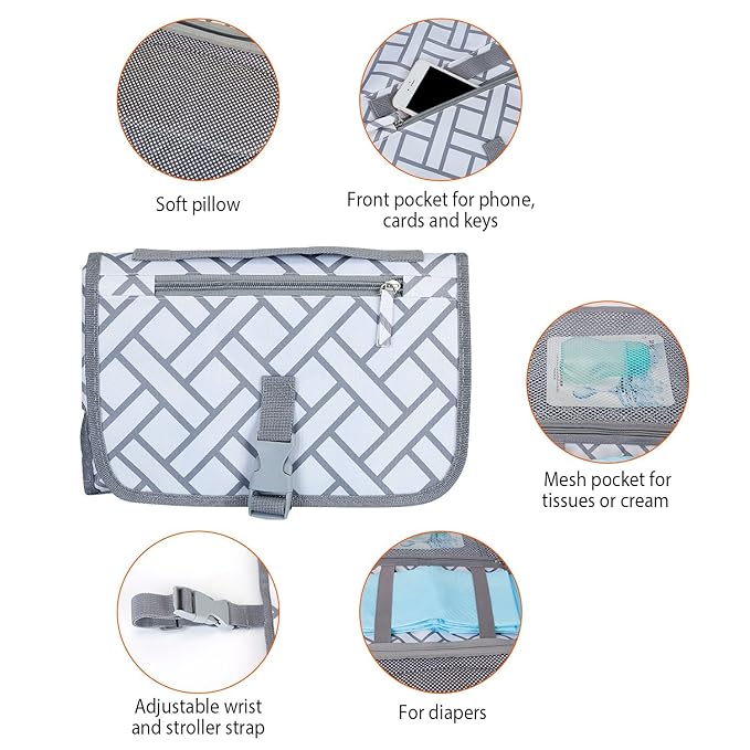 Portable&Foldable Diaper Changing Pad, Moclever Detachable Travel Changing Mat with Waterproof & Easily Cleanable Folding Nappy Changing Travel Mat,Newborns Essentials, Baby Shower Gifts-Grey