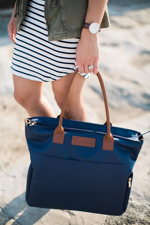 Sarah Wells Abby Breast Pump Tote with Real Leather Straps – Stylish Pumping Bag with Insulated Pockets, Laptop Storage & Easy-Clean Interior – Professional Breast Pump Bag for Work & Travel (Navy)
