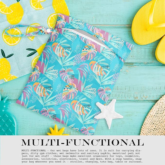 Wet Dry Bag, Wet Bag for Swimsuit, Travel, Beach, Pool, Diapers, Dirty Gym Clothes, Makeup Bag, Camping Accessories, Waterproof Reusable Jungle Tropical Leaves Cheetah Print