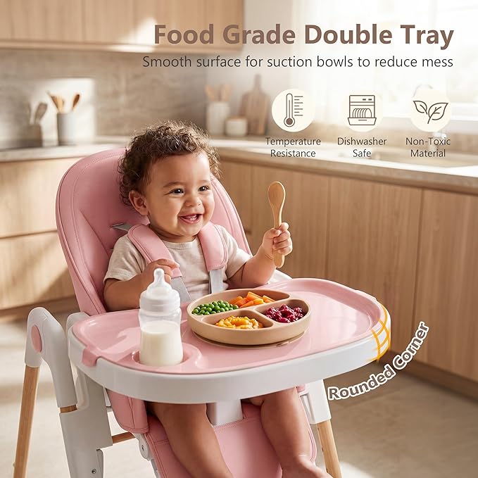 Kinder King Convertible High Chair for Babies & Toddlers, Adjustable Baby Feeding High Chair with Removable Double Tray, Simple Compact Fold for Space-Saving, 2 Built-in Wheels, Easy to Clean