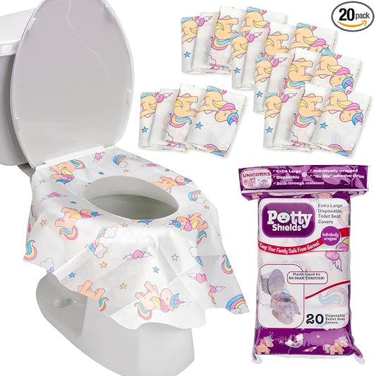 Potty Shields Toilet Seat Covers Disposable (20 pk, Unicorns) - XL Waterproof Toilet Cover for Toddlers, Kids & Adults - Portable & Individually Wrapped for Travel, Potty Training, Public Restrooms