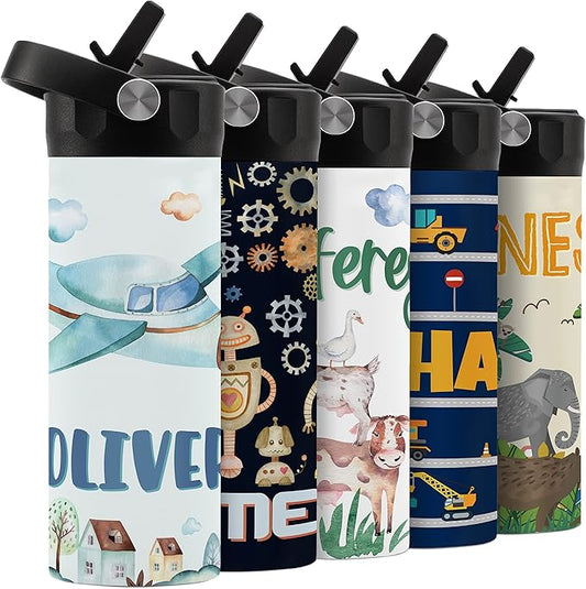 Personalized Kids Water Bottle with Straw Lid - 14 oz - 11 Wraparound Designs, Custom Water Bottle for Children, Back to School Gifts - BPA FREE, Double-Wall Insulated, Birthday Gifts - Plane