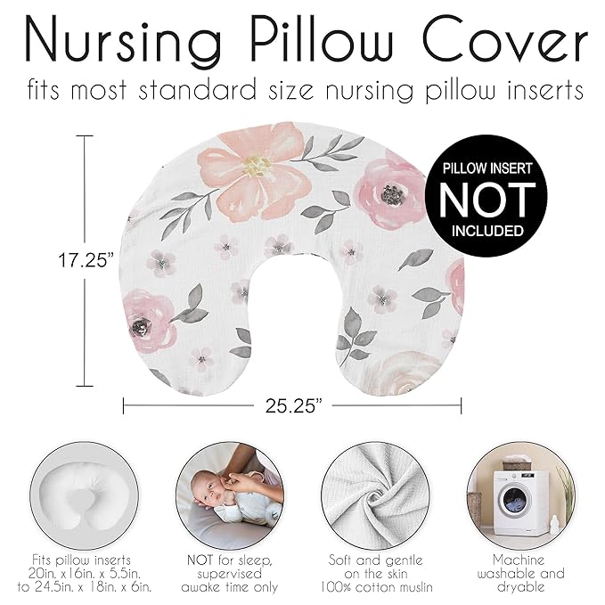 Sweet Jojo Designs Muslin Nursing Pillow Cover (Pink/Grey Watercolor Floral) for Baby Girls, Newborn, Infant 100% Cotton Breastfeeding Pillowcase - Pillow NOT Included (Shabby Chic, Boho, Farmhouse)