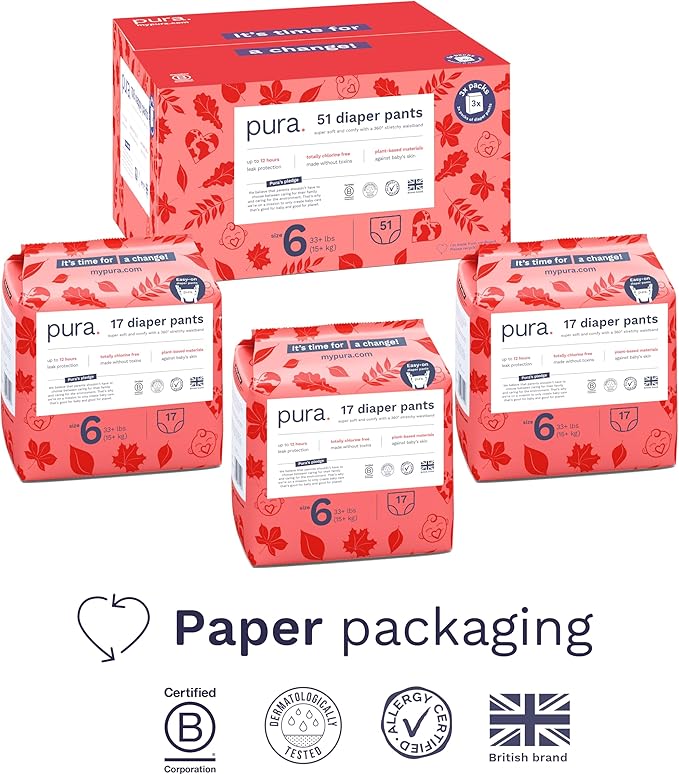Pura Hypoallergenic Diaper Pants Size 6 (33+ lbs) Overnight, up to 12 Hours Leak Protection, Suitable for Sensitive Skin, Totally Chlorine Free, Soft Organic Cotton, 3 Packs of 17 (51 Pull Up Pants)