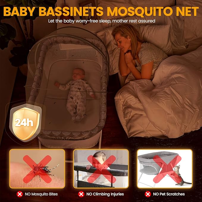 Orzbow Bassinet Cover for Cats - Breathable Mosquito Net Cover for Bassinets/Travel Cribs/Mini Cribs, Baby Mosquito Net to Keep Pets Out, with Two-Way Self-Locking Zippers and Storage Bag, Grey