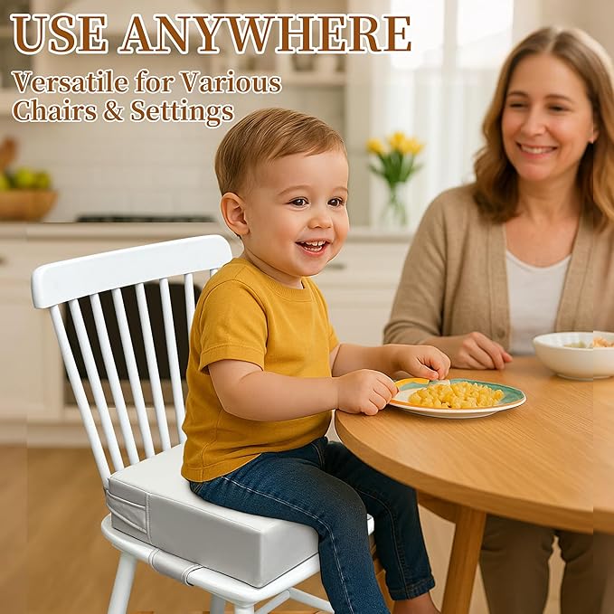 Toddler Booster Seat for Dining Table – PU Washable Cushion with Double Safe Straps, Non-Slip Bottom, Portable Travel Booster Seat for Toddlers (Grey)