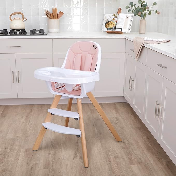 Evolur Zoodle 2-in-1 High Chair for Baby & Toddler – Convertible High Chair to Toddler Chair, Padded Seat, 5-Point Safety Harness, Dual Dishwasher-Safe Trays, Solid Beechwood Legs – Pink