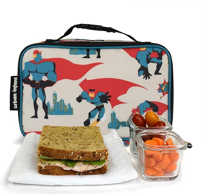 Urban Infant Yummie Kids Lunch Box Insulated Bag - Toddler Boys and Girls – Perfect for Daycare Preschool Travel Snacks – Allergy Alert Cards - Fits Bento Boxes - Superhero