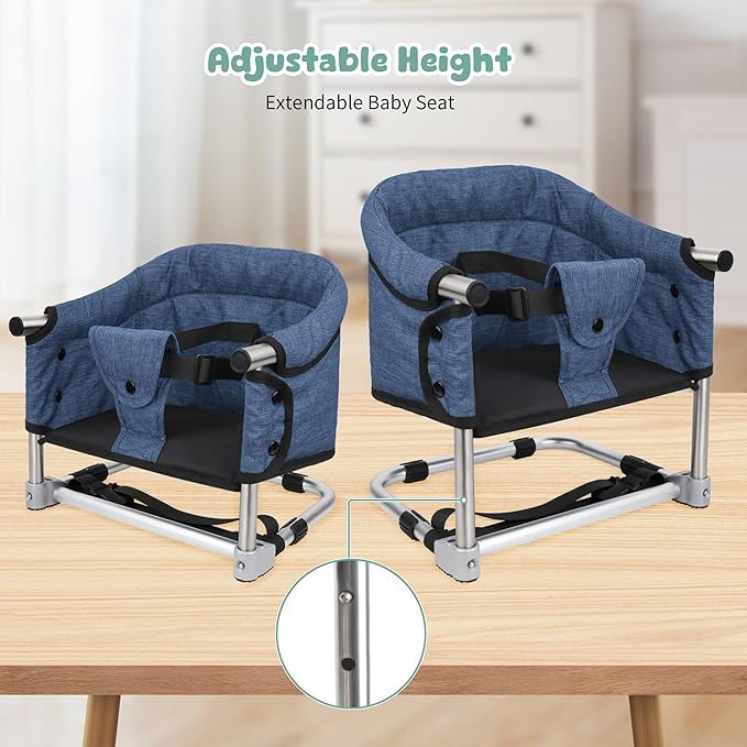 Booster Seat for Dining Table, 3-in-1 Portable Toddler Booster Chair with Safety Buckle, Height Adjustable & Foldable Baby Feeding Seat, Travel High Chair with Storage Pocket - Navy Blue