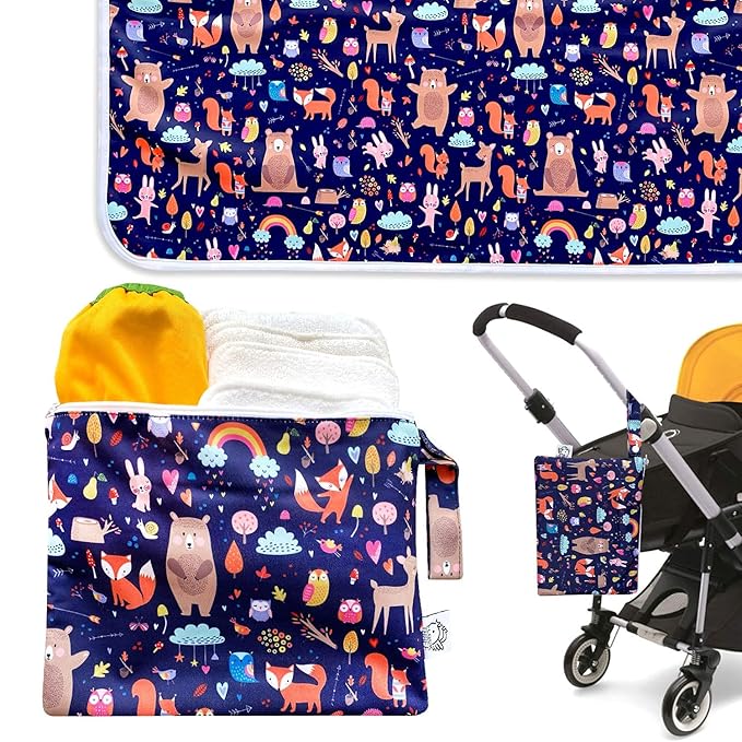 Flockthree Waterproof Baby Changing Pad with Storage Bag (43.3" X 28.7") Washable Wipeable Reusable Leak Proof Diaper Travel Mat Station Changing Mattress Liner Cribs Bed Cover, Animals