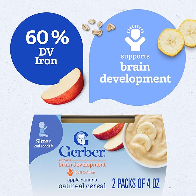 Gerber Stage 2 Baby Food, Apple Banana Oatmeal Cereal Tubs, Iron Helps Support Brain Development, No Added Colors or Flavors, Baby Oatmeal, 16-Pack