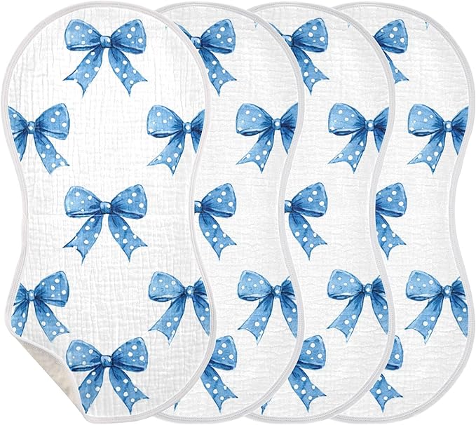 Blue Ribbons Bow Cute Burp Cloths Baby Boys Girls Absorbent Soft Cotton Burping Cloths Rags, 4 Pack