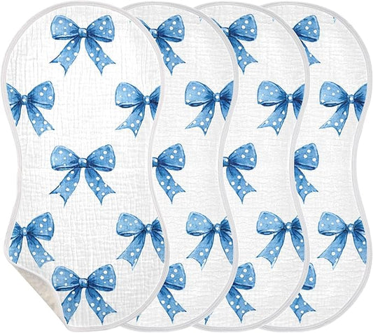 Blue Ribbons Bow Cute Burp Cloths Baby Boys Girls Absorbent Soft Cotton Burping Cloths Rags, 4 Pack