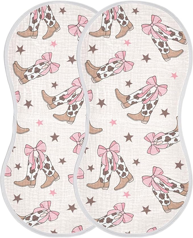 Bows Cowgirl Boots Western Burp Cloths Baby Boys Girls Absorbent Soft Cotton Burping Cloths Rags, 2 Pack