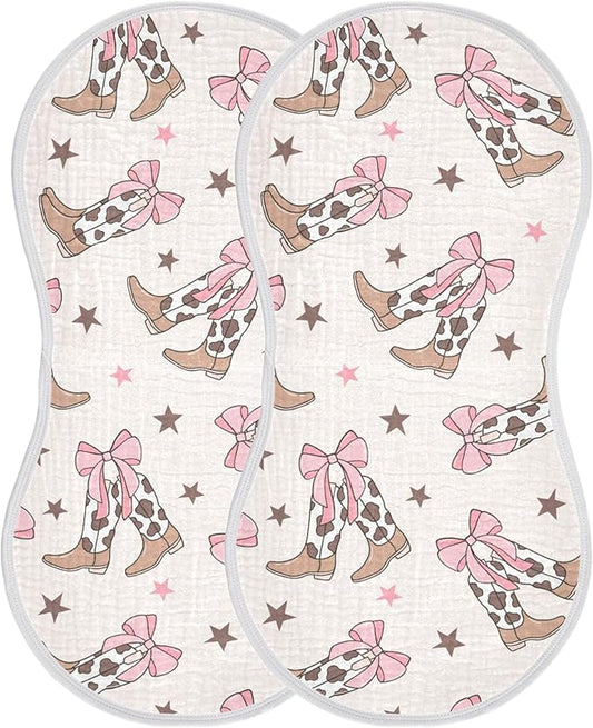 Bows Cowgirl Boots Western Burp Cloths Baby Boys Girls Absorbent Soft Cotton Burping Cloths Rags, 2 Pack