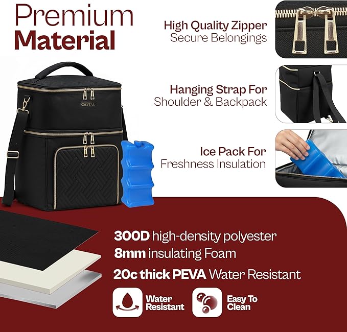 Castal Breast Pump Bag Spectra S1 S2–Insulated Spectra Pump Bag, Breastmilk Cooler Bag with Ice Pack–Leak-Proof Double Layer Breast Pump Travel Bag (Black)