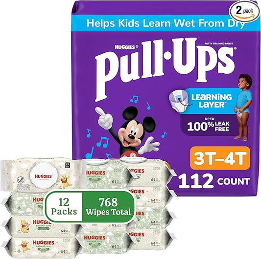 Pull-Ups for Boys + Natural Care Sensitive Wipes Bundle: Pull-Ups Training Pants, Size 3T-4T (32-40 lbs), 112 Count (4 Packs of 28) & Huggies Natural Care Sensitive Baby Wipes, 12 Packs, 768 Count