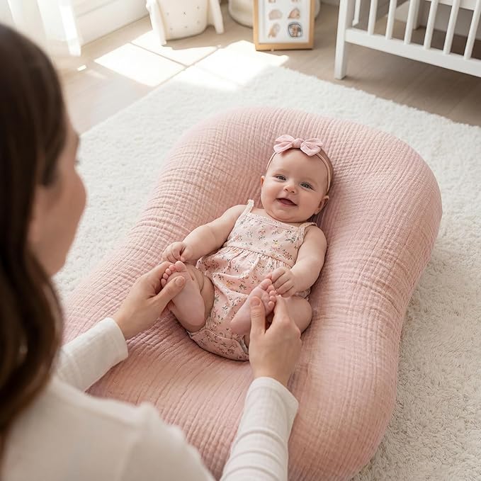Muslin Baby Lounger Cover 1 Pack, Cotton Soft Breathable Infant Nest Slipcover, Envelope Closure, Compatible with Snuggle Me Loungers, Machine Washable, Cover Only, for Girls Boys(Pink)