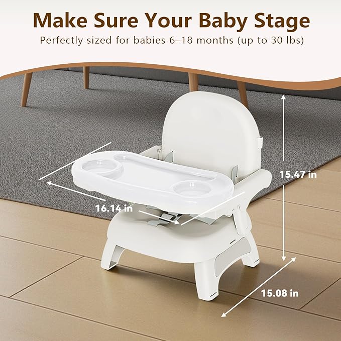 Booster Seat for Kitchen Chair, 3-in-1 Foldable & Portable Booster Seat with Tray, Extra Dishwasher-Safe Tray, Safety Straps for 6–18M (Up to 30 lbs), for Dining Table, Travel & Camping, Gray