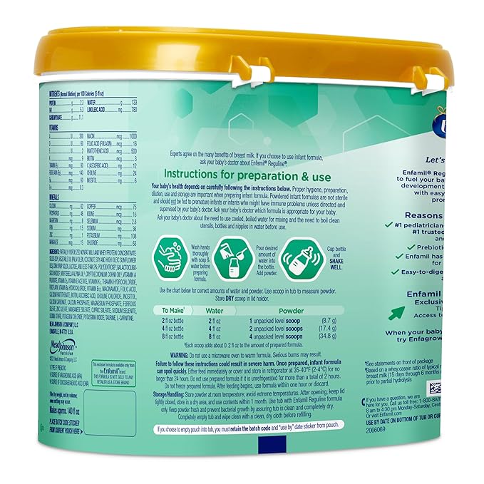Enfamil Reguline Baby Formula, Designed for Soft, Comfortable Stools, with Omega-3 DHA & Probiotics for Immune Support, Reusable Powder Tub, 19.5 Oz