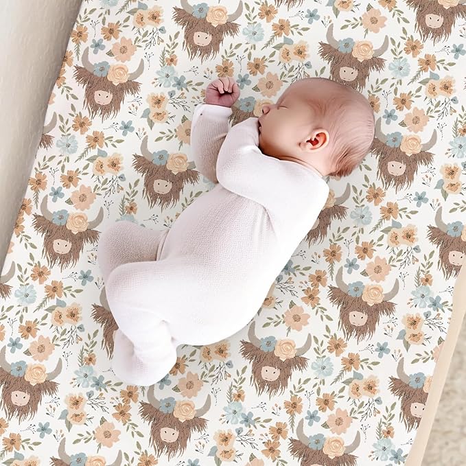 Farm Western Cow Flowers Floral Leaves Pattern Baby Changing Pad Cover, Unisex Highland Cow Nursery Diaper Changing Table Pad Mat Sheet for Boys Girls-16x32