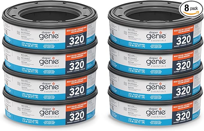 Diaper Genie Essentials Round Refill 8-Pack | Holds Up to 2560 Newborn Diapers | Features Unscented Continuous Film | Compatible with Diaper Genie Complete and Expressions Pails,8 Count (Pack of 1)