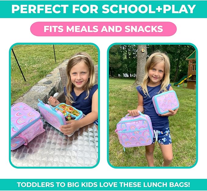 Bento Lunch Box with Thermo for Kids Set, Insulated Lunch Bag with Ice Pack, Stainless Steel Food Jar for Hot Soup, Boxes with 4 Compartments for Girls Toddler Snacks Lunches, Purple Rainbow