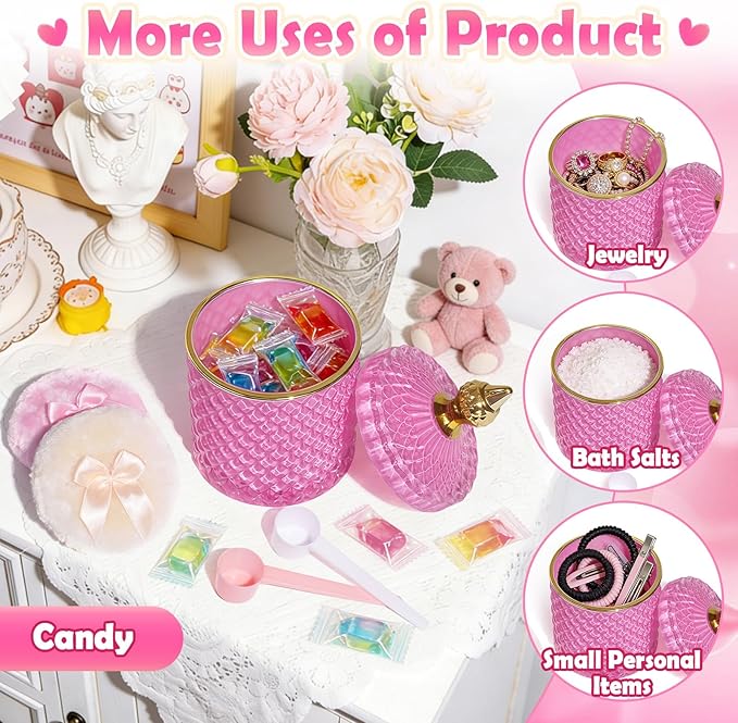5 Pcs Body Powder Puff Set, 21oz Pink Glass Powder Container with Lid, Soft Powder Puffs & Spoons, Washable Refillable Dusting Jar for Body Powder, Talcum, Makeup