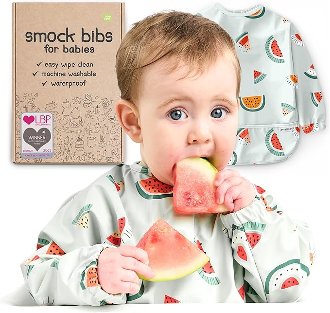 Waterproof Smock Baby Bibs for Eating (Boy or Girl 6-24 Months) - Toddler Long Sleeve Bib for Baby Led Weaning
