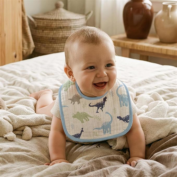 GLLQUEN BABY Muslin Drool Bibs for Boys Girls 6 Pack, Adjustable Baby Bibs for Drooling and Teething, Soft Cotton Baby Bandana Bib for Newborn Feeding Essentials (My Dino Pals)