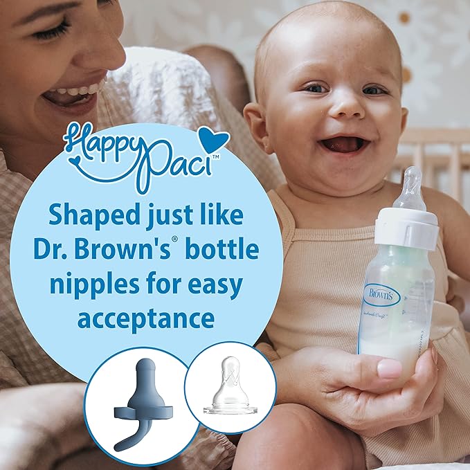 Dr. Brown's Natural Flow Anti-Colic Options+Wide-Neck Baby Bottle, 5 oz/150 mL, Level 1 Nipple & HappyPaci 100% Silicone Pacifier 0-6m, BPA Free, White, Blue, Light Blue, 3 Pack