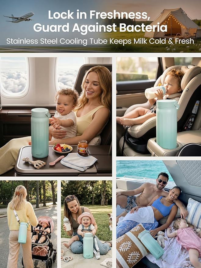 Grownsy 22oz Portable Breast Milk Cooler, 360° Stainless Steel Chiller Keeps Breastmilk Fresh for 24H, No Ice Crystals,Milk Cooler with 2 Baby Bottles for Work & Travel, Baby Breastfeeding Essential