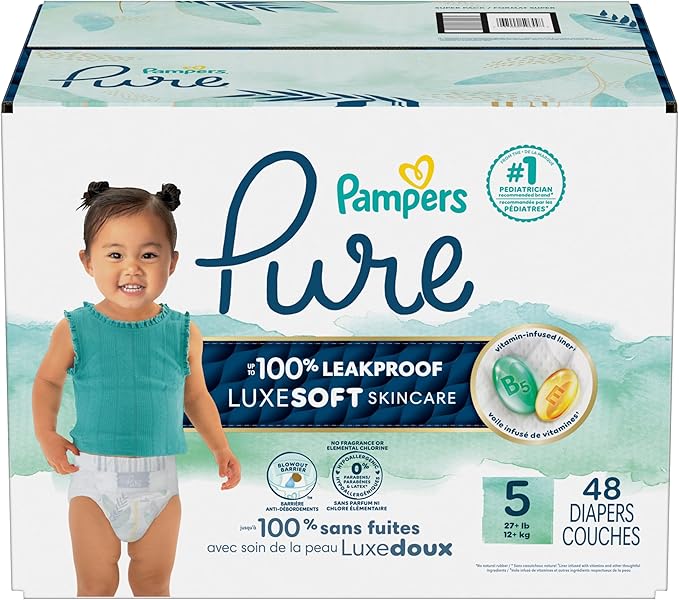 Pampers Pure Baby Diapers, Size 5 (27+ lbs), 48, Up to 100% Leakproof, Premium Hypoallergenic Soft Diapers