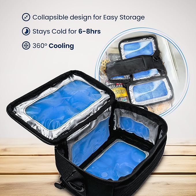 FreezeN'Go Breast Milk Cooler Travel Bag (6 Built-in Ice Packs) Designed for 5oz Medela Express Baby Bottles and Breastmilk Storage Bags - Freezable Insulated Tote with Handle and Padded Strap